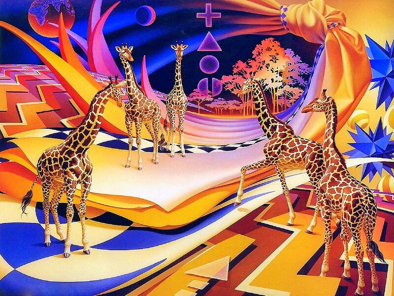 Giraffes in Surreal Landscape — Blue