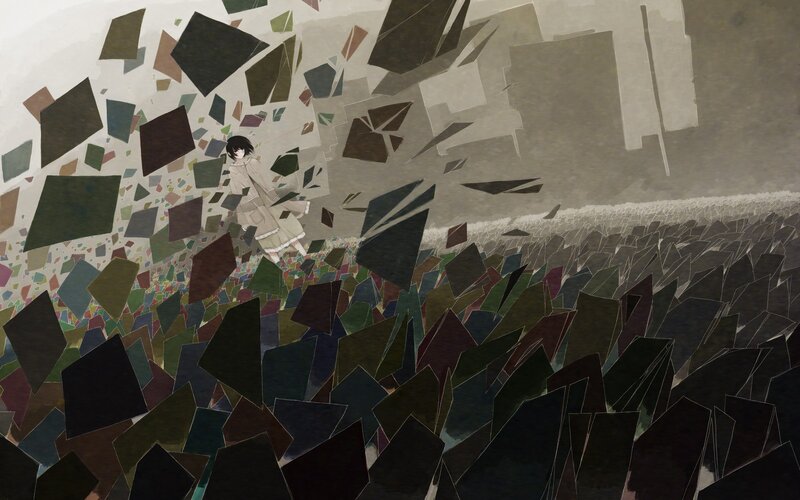 girl amidst falling debris
