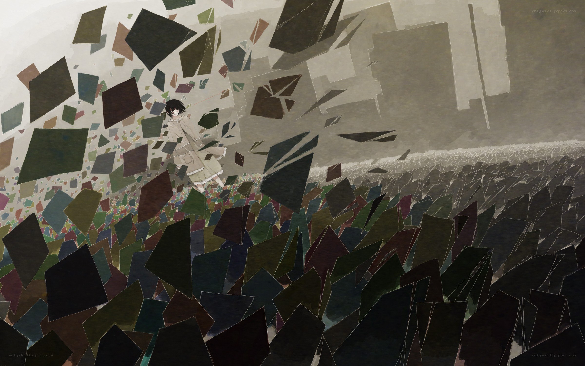 girl amidst falling debris