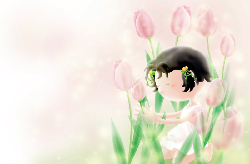 girl among pink tulips