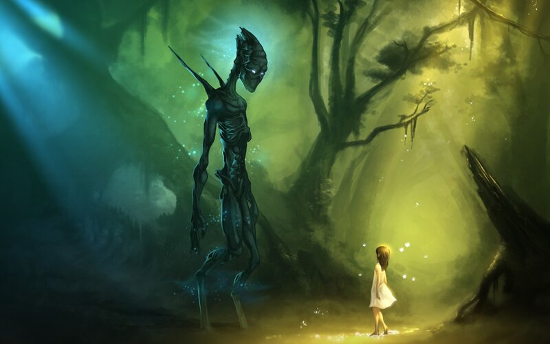 Girl and Alien in Forest — Green