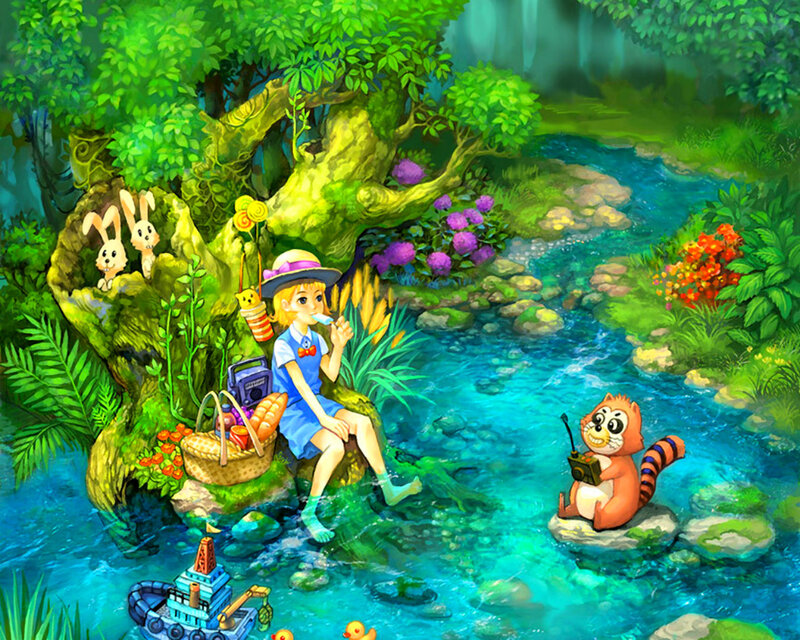 Girl and Animals in Forest