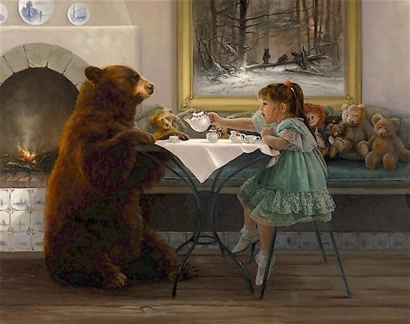 Girl and Bear at Tea Table