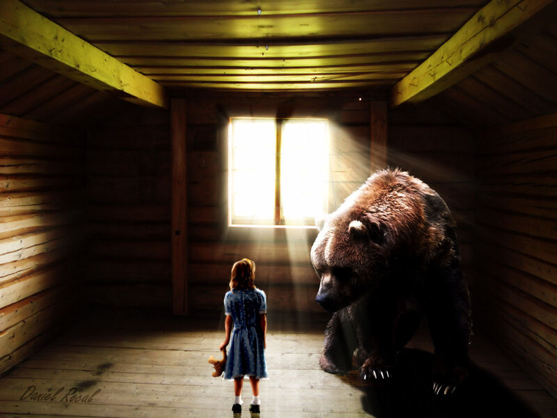 Girl and Bear in Cabin