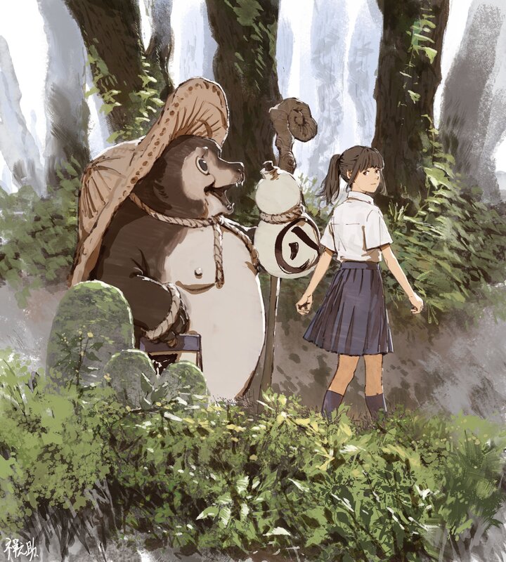 Girl and Bear in Forest