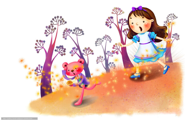 girl and bear in magical forest
