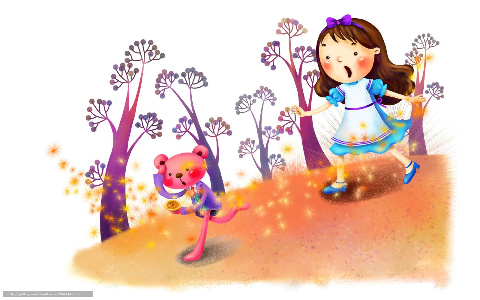 girl and bear in magical forest