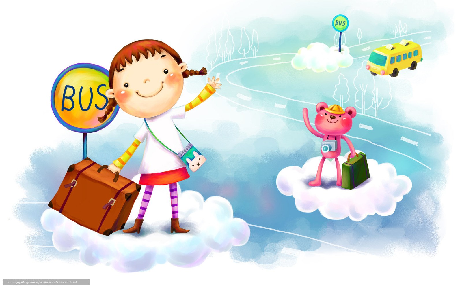 girl and bear on clouds