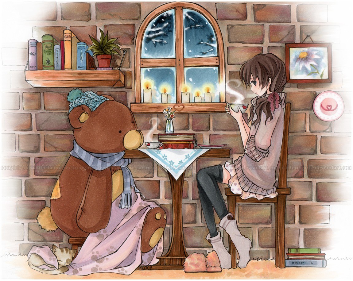 Girl and bear sharing tea