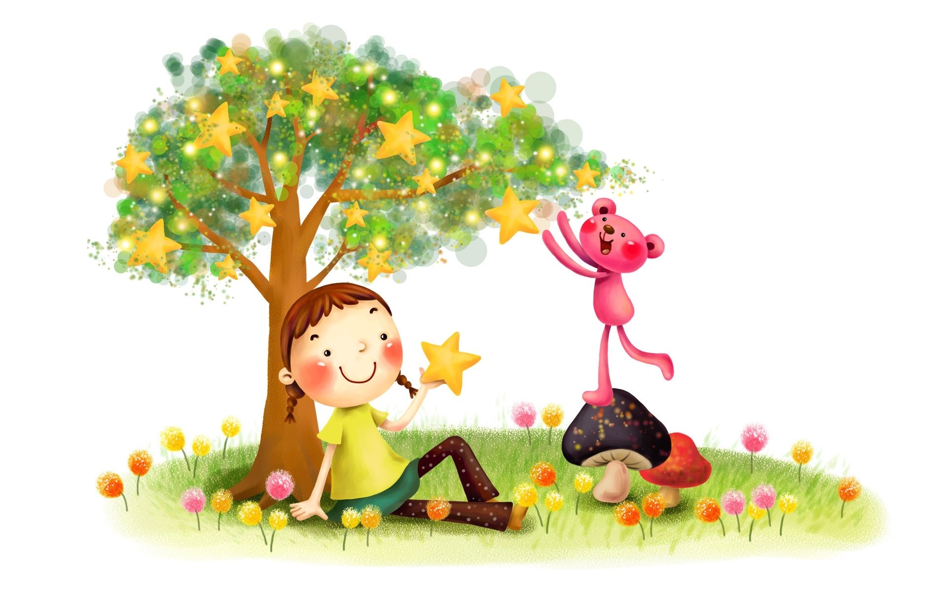 Girl and bear under starry tree