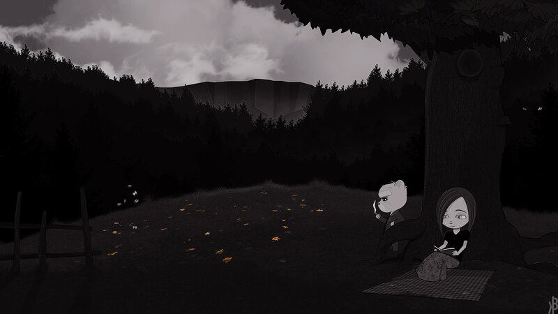 Girl and Bear under Tree