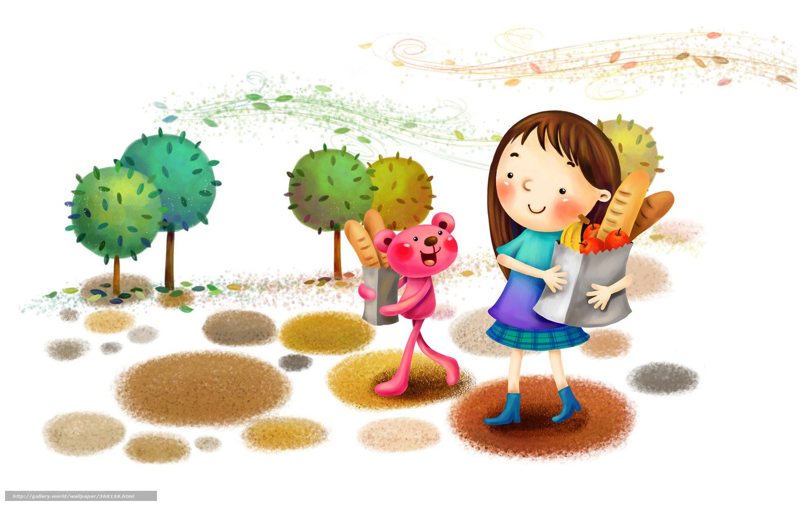 Girl and bear with groceries