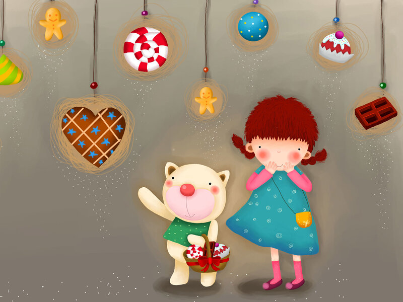 Girl and Bear with Ornaments