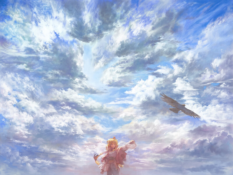 Girl and bird in a cloudy sky