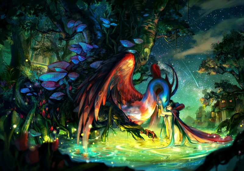Girl and Bird in Forest