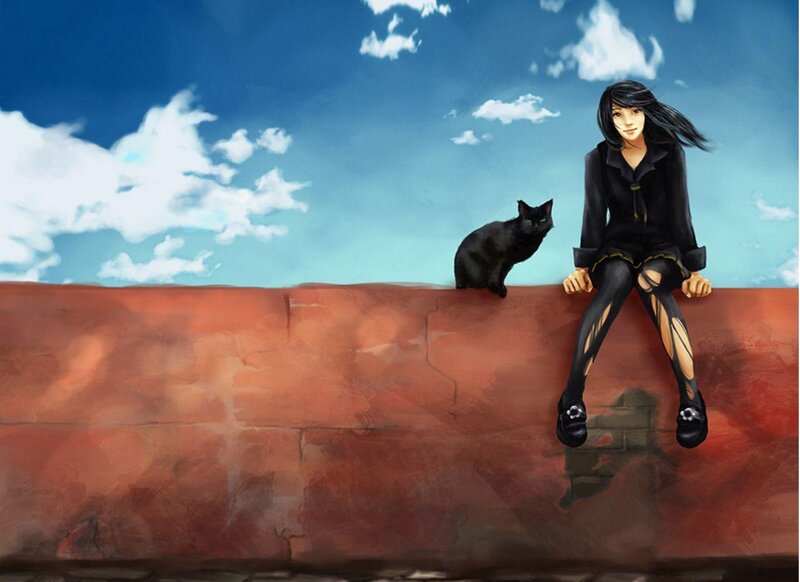 Girl and Black Cat — Blue