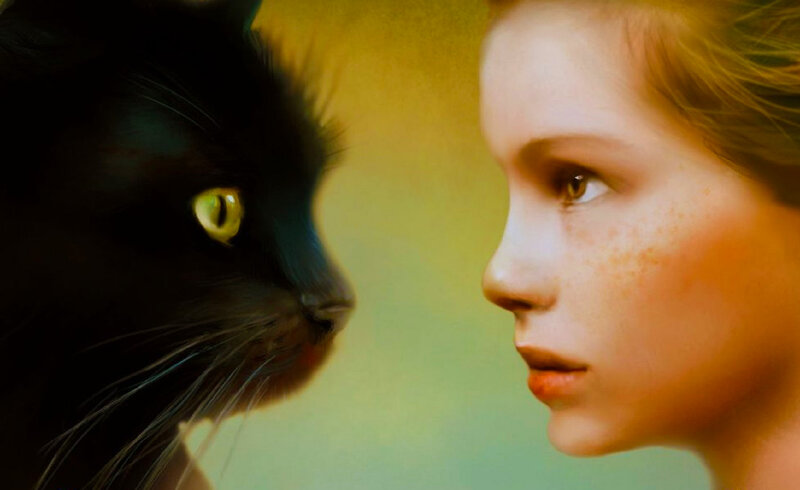 Girl and Black Cat — Yellow