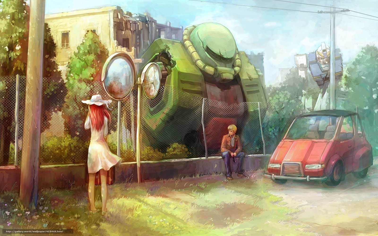 Girl and boy near giant robot