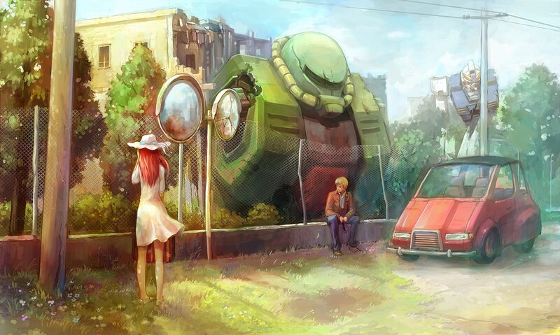Girl and Boy Near Mechs
