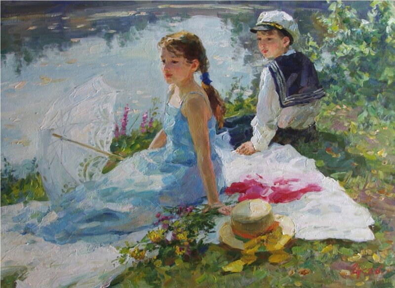 Girl and Boy on Blanket — Blue