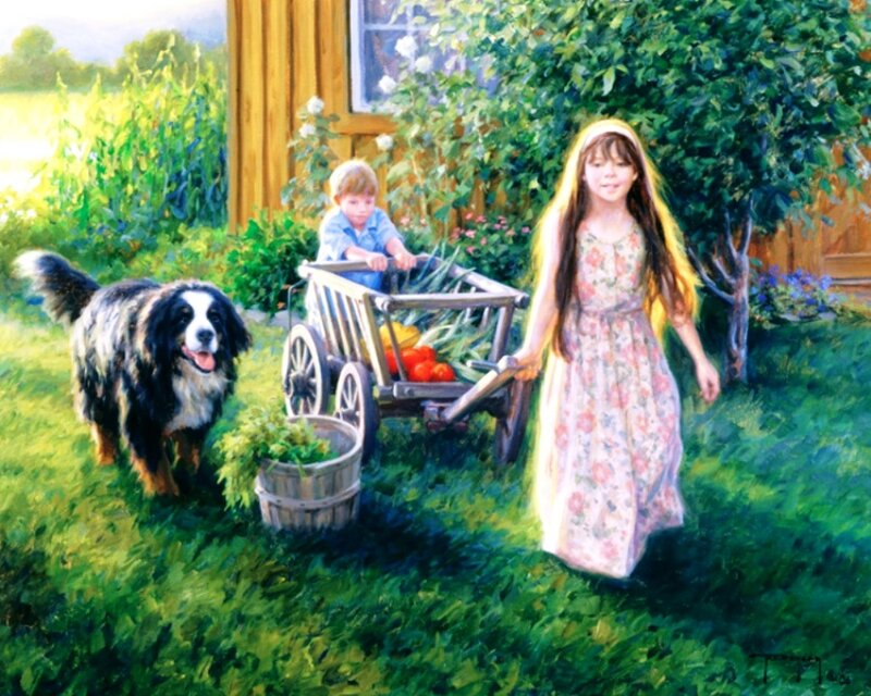 Girl and Boy with Dog
