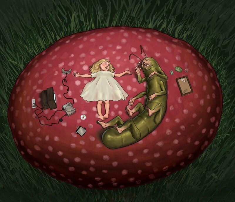 girl and bug on a mushroom