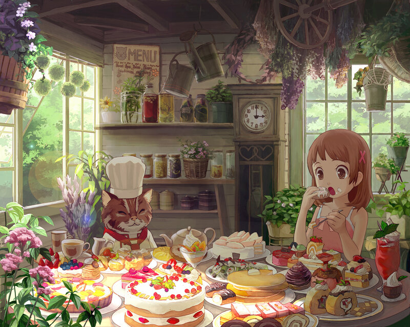Girl and Cat Eating Cake