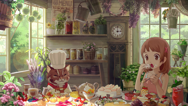 Girl and Cat Eating Dessert