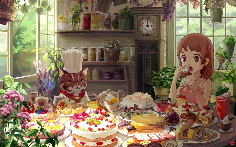 Girl and cat eating desserts