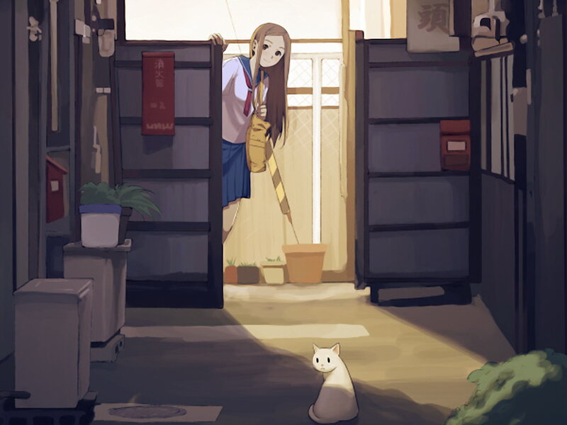 Girl and cat in a hallway