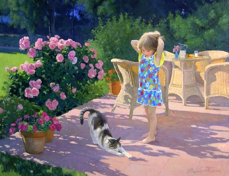 Girl and Cat in Garden — Blue