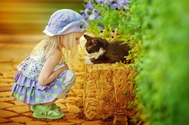 Girl and Cat in Garden