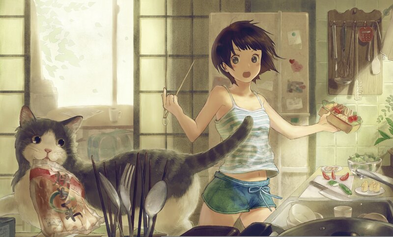 Girl and Cat in Kitchen — Green, Calm