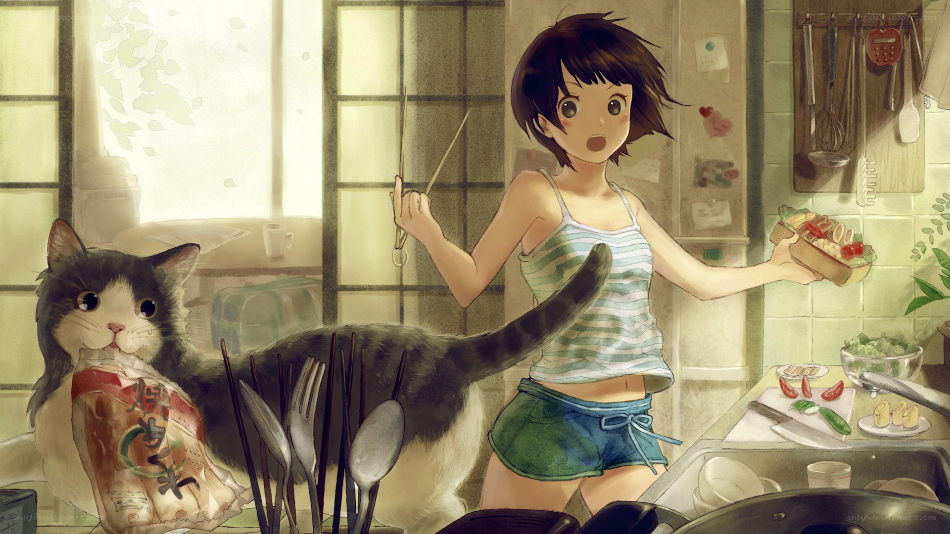 Girl and cat in kitchen