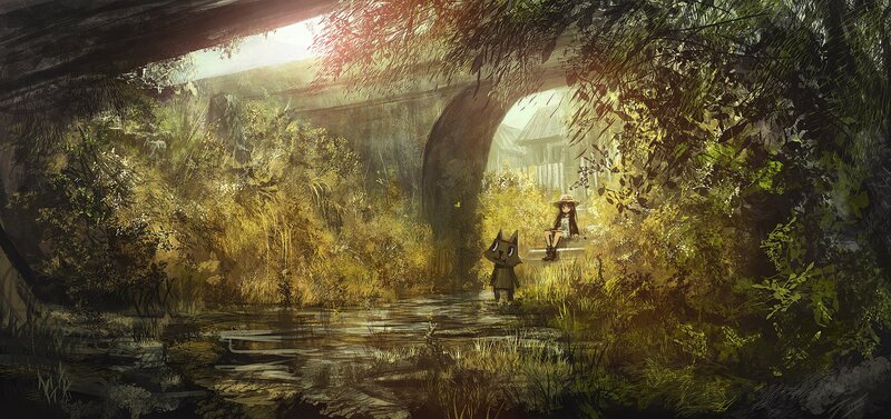 Girl and cat in overgrown tunnel