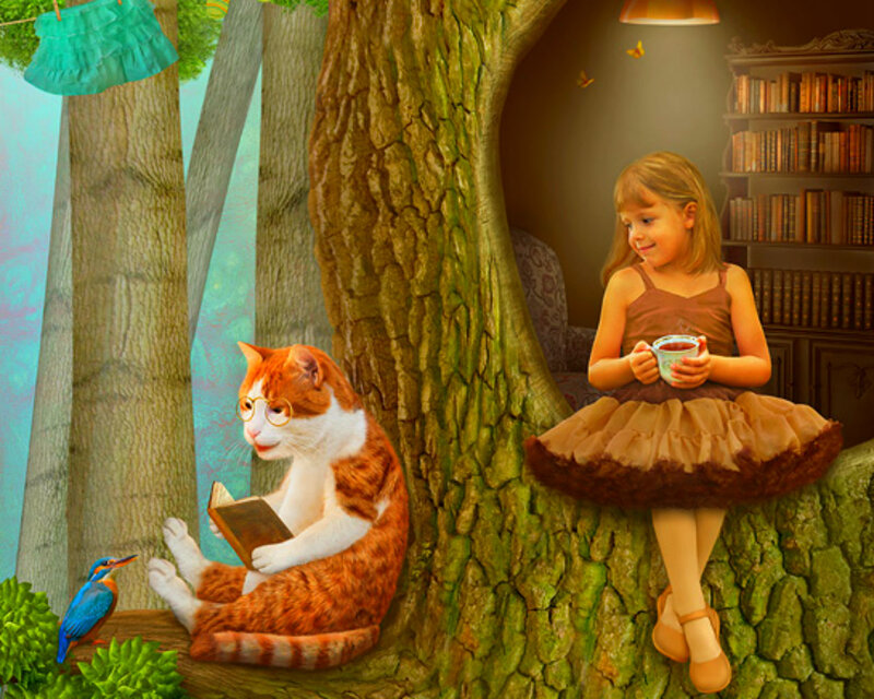 Girl and Cat in Tree