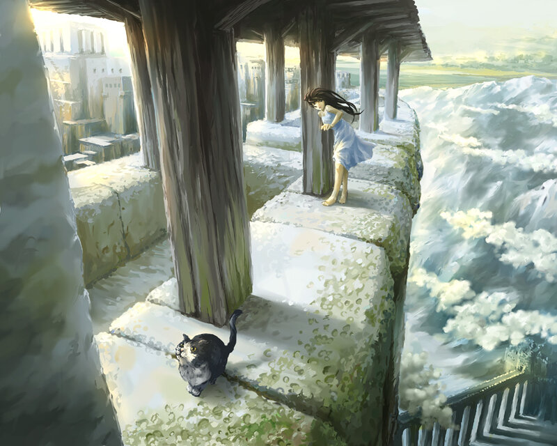 girl and cat on a cliff