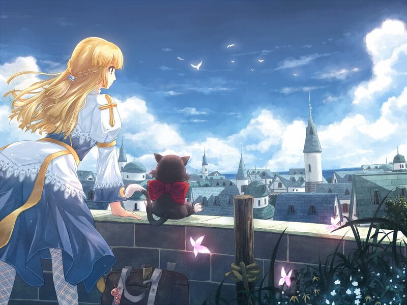 Girl and cat on a rooftop