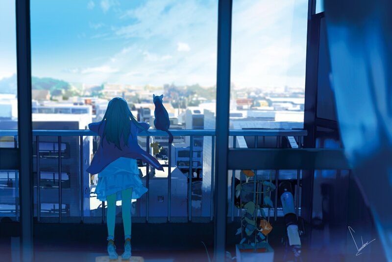 Girl and Cat on Balcony — Blue, Serene, Afternoon, Digital Art
