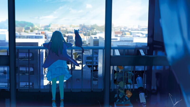 Girl and Cat on Balcony — Blue, Serene