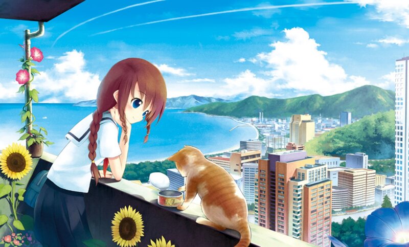 Girl and Cat on Balcony — Blue