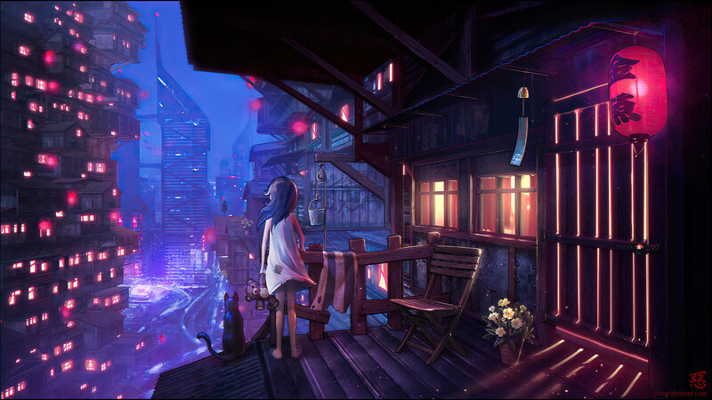 Girl and Cat on Balcony — Purple, Nocturnal