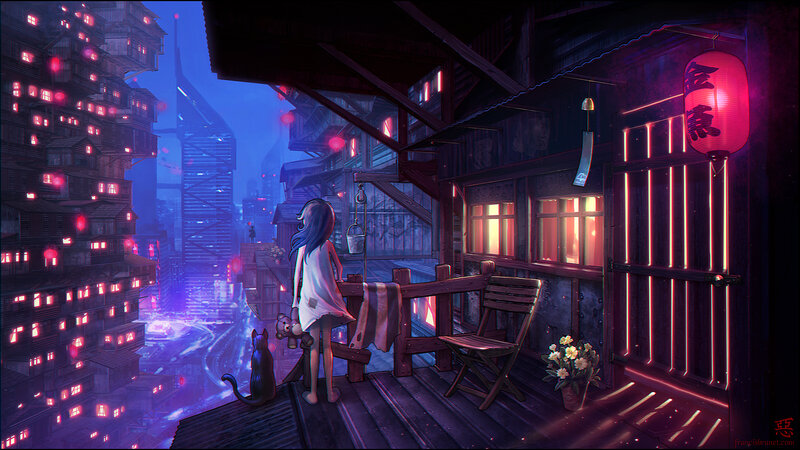 Girl and Cat on Balcony — Purple