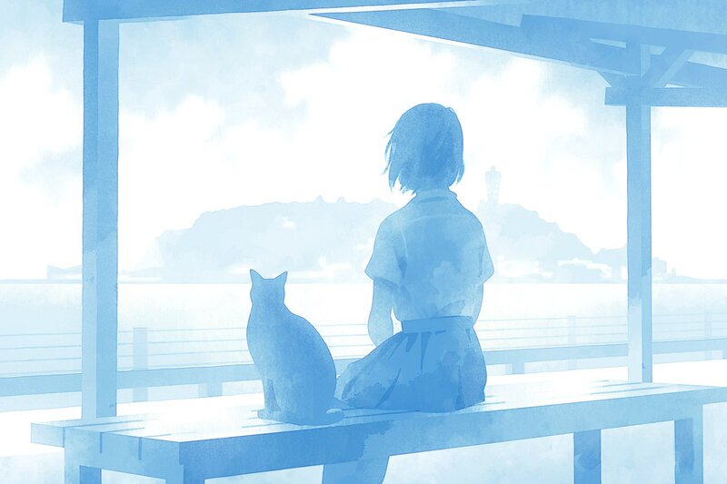 Girl and Cat on Bench — Blue