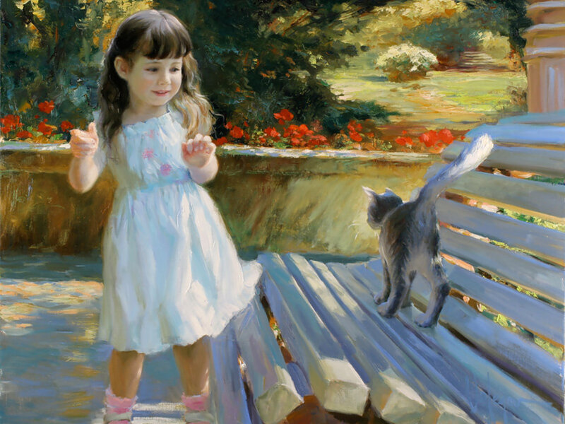Girl and Cat on Bench