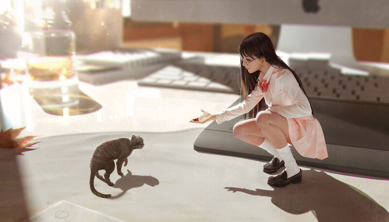 Girl and Cat on Desk