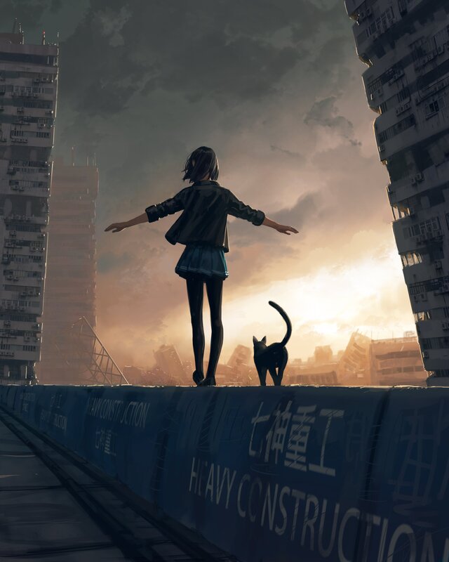 Girl and Cat on Rooftop — Blue