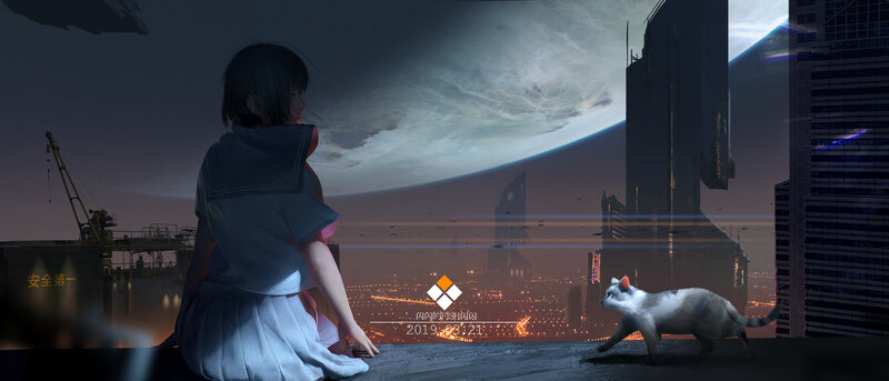 Girl and Cat on Rooftop — Gray