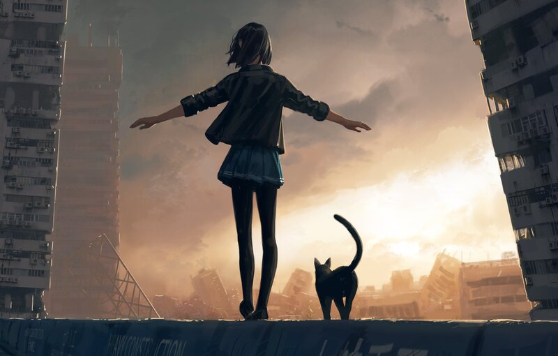 Girl and Cat on Rooftop — Orange