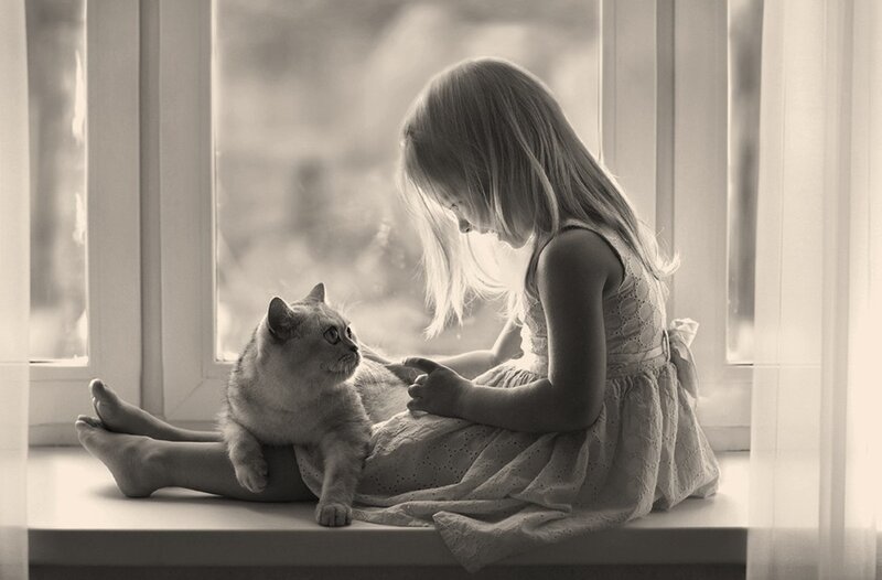 Girl and Cat on Windowsill — Black